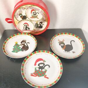Cats Christmas 6.5" Dessert Plates 2005 Stoneware Set Of 3 Meowy Christmas Decor